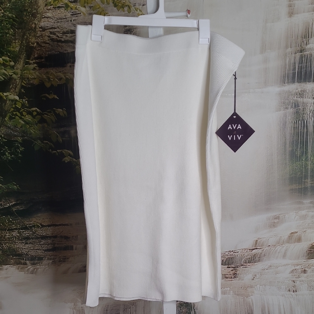 New! Ava & Viv Women's 1X Cream Off White Midi Ribbed Sweater Pencil Skirt